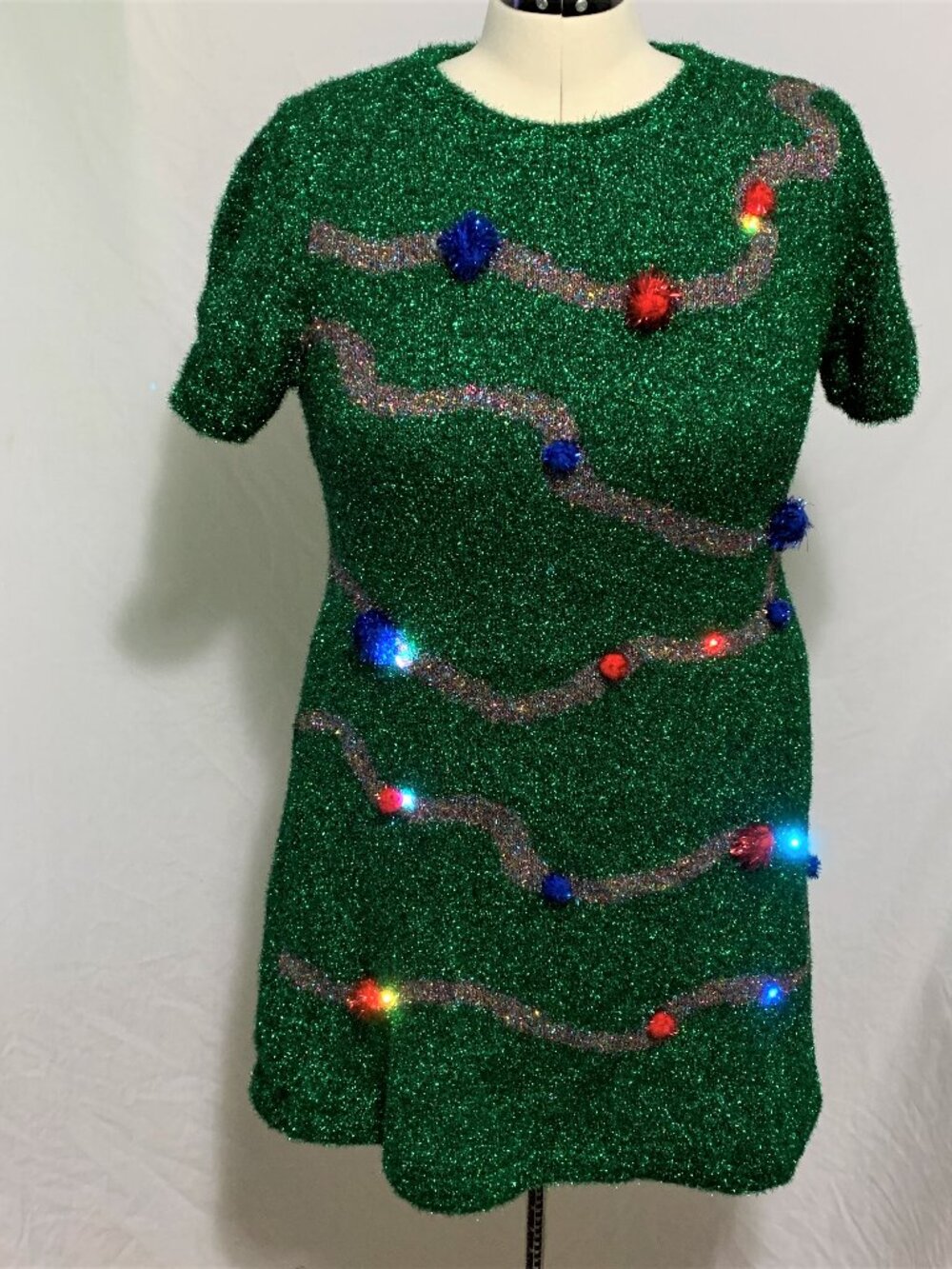 Ugly Christmas Dress Tinsel Christmas Tree Fit Flare Light Up JUNIORS Womens S